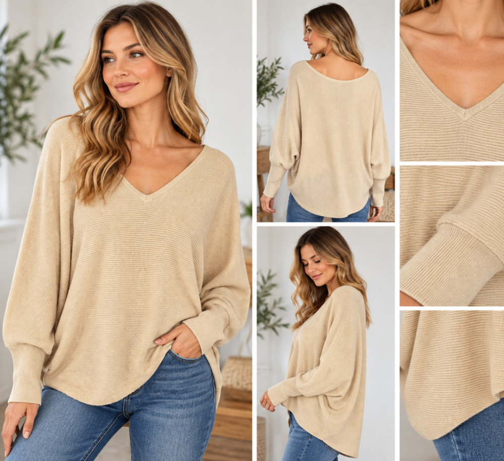 RB Couture Womens Large Beige Soft Knit Batwing Dolman V Neck Oversized Sweater
